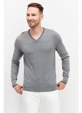 Buy Men V-Neck Embroidered Logo Sweater, Grey in UAE