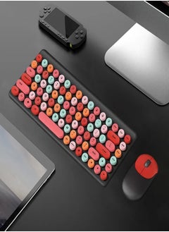 اشتري 86-Key Wireless Keyboard Set Mixed Candy Color USB Round Punk Keyboard And Mouse Set For Laptop Notebook PC Red & Black في الامارات