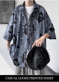 Buy Men Half Sleeve Shirts Newspaper Printing Turn Down Collar Button Closure Casual Blouse in Saudi Arabia