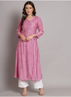 اشتري Hand Embroidered Chikankari A-Line Chanderi Cotton Angarkha Kurta-AL3667 في الامارات