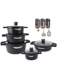 Buy Cookware Set 13 pieces - LIFE SMILE Pots and Pans set Granite Non Stick Coating 100% PFOA FREE, Cooking Set include Casseroles & Shallow Pot & Fry Pans & Silicone Utensils in UAE