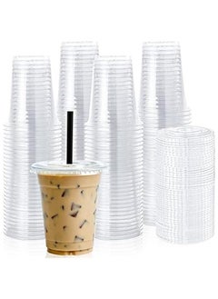 Buy 100 Pack 12 oz Clear Plastic Cups with Flat Lids for Cold Drinks, Disposable Cups for Iced Coffee, Smoothies, Slurpees in Saudi Arabia