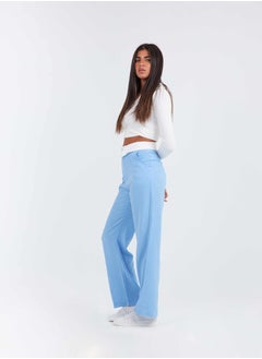 Buy High-Waist Light Blue Folded Waistband Wide Leg Trousers. in Saudi Arabia