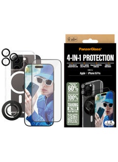 Buy PanzerGlass® 4-in-1 Protection Bundle for iPhone 16 Pro, Magsafe compatible HardCase, Ultra-Wide Fit Screen Protector, HoopsTM camera lens Protector, Magnetic ring mount - with mounting aid for easy installation in UAE