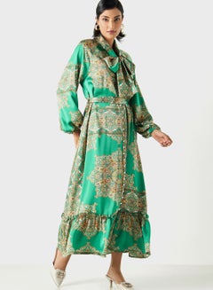 Buy Floral Print Maxi A-Line Neck Tie-Ups Belted Dress in Saudi Arabia