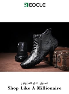 Buy Men's Stylish Checkered Zipper Ankle Boots with Pointed Toe Made of Patent Leather and Crocodile Skin Comfortable and Durable. in UAE