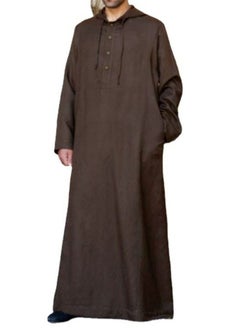 Buy Men's Muslim Robe Thobe Solid Color Hooded Long Sleeve Kaftan With Pockets Casual Shirt Brown in UAE