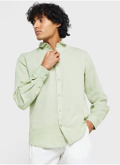 Buy Men Sage Green Solid Casual Cotton Linen Shirt in Saudi Arabia