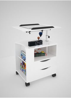 Buy White Height Adjustable Nightstand with Rotary Tabletop, Storage Drawers and Wheels in UAE