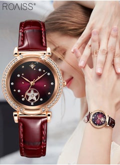 اشتري Women's Leather Strap Quartz Watch Analog Display Round Dark Red Dial with Stars Pattern Decoration Waterproof Elegant Wristwatch as Gift for Ladies في الامارات