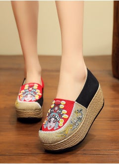 Buy Peking Opera Mask Embroidered Canvas Sneakers - Women's Handmade Cotton Linen Slip-On Platform Shoes with Thick Sole 3.5 cm Height in UAE