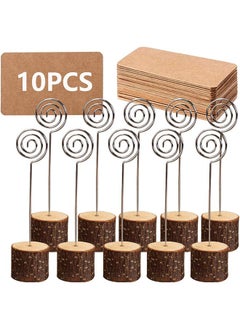 Buy 10Pcs Premium Wood Place Card Holders with Swirl Wire and 100 Pcs Kraft Place Cards, Rustic Wood Table Number Holders Stands, Name Cards Photo Holders for Wedding Party Sign Food Cards Label in UAE