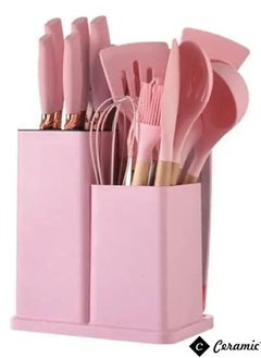 Buy Kitchen Utensils Set of 19 Silicone Cooking Utensils with Holder Non stick Cookware Friendly And Heat Resistant Pink in UAE