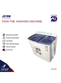 Buy TWIN TUB SEMI AUTOMATIC WASHING MACHINE, 12kg | 12kg Washing Capacity | White color | 7kg spin capacity | 480 Watt Washing power | 15 MINUTES Washer Timer | Model Name: RO-12TTB in Saudi Arabia