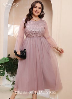 Buy Women's Plus Size Dress for Wedding Party Dating Solid Color Midi Long Loose Dress Transparent Flared Sleeve Crew Neck Long Sleeve Elegant Evening Dresses Lotus Root Pink in Saudi Arabia