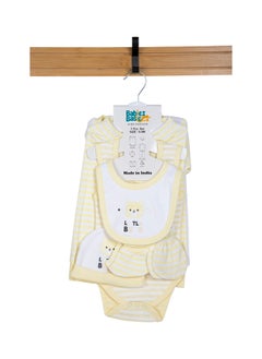 Buy BabiesBasic 7 piece unisex 100% cotton Set include bib, socks, mitten, cap, romper, top and bottom set, Yellow in UAE