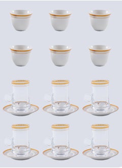 Buy 18-Piece Tea & Coffee Glass And Porcelain Set White/Gold/Clear, Serve for 6 in Saudi Arabia