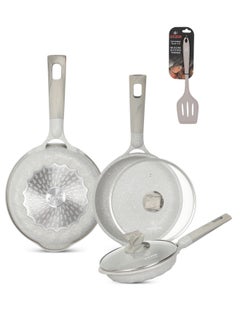 Buy Frying Pan Set with Lid & Silicone Turner -Die Cast Aluminum Body With Multi Layer Granite Non-Stick Coating | 100% PFOA FREE | Heat-Resistant Handle Hanging Loop (20/24/28 CM, Light Grey) in UAE