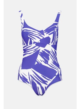 Buy Women Padded Sleeveless Printed One Piece Swimsuit, Blue and White in Saudi Arabia