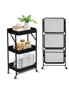 Buy 3 Tier Foldable Metal Rolling Utility Cart Organizer 46x30x76cm Multipurpose Organizer Trolley with Casters for Kitchen Bedroom, Bathroom Office Laundry Room and Garage Black in Saudi Arabia