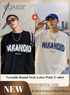 Buy Men 2-Piece Short Sleeve Set Letter Print Cotton T-shirts Loose Fit with 3D Printed Round Neck Design Trendy and Versatile Fashion in Saudi Arabia