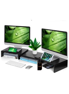 Buy Dual Monitor Stand -Adjustable Length and Angle Dual Monitor Riser, Computer Monitor Stand with 2 Slots, Desktop Organizer, Monitor Stand Riser for PC/Computer/Laptop Black in UAE