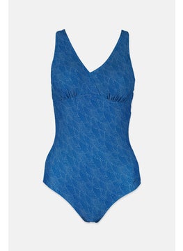 Buy Women Allover Print One Piece Swimsuit, Blue and White in Saudi Arabia