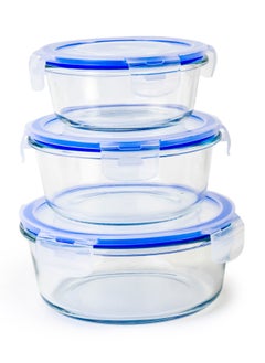 Buy 3 pieces round Borosilicate Glass Food Container with lid set 350ml 600ml 900ml Lunch box leak proof Silicone seal Lid in UAE