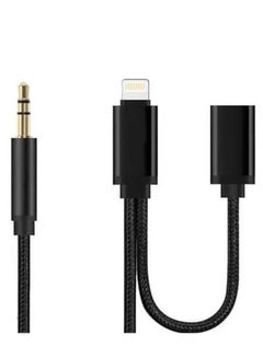 اشتري 2 in 1 Aux Cable 8 Pin and Lightning Headphone Adapter for iPhone Nylon Braided Tangle Free 3.5mm Audio Jack Converter Cable 100cm Black في الامارات
