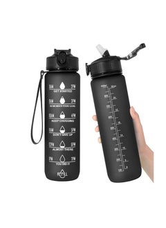 Buy Sports Water Bottle 32oz 1L BPA Free for Fitness, Gym, Outdoor Sports, Leakproof with Motivational Time Marker Straw Strainer - Black in UAE