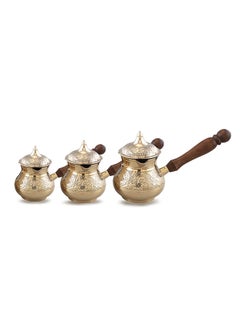 اشتري Majestic Brass Turkish Coffee Pot Set of 3 with Lid – Golden Color, Capacities: 250 ml, 360 ml, 480 ml – Handcrafted Floral Design, Wooden Handle, Perfect for Turkish Coffee, Arabic Coffee, Tea, Milk, and Hot Beverages في الامارات