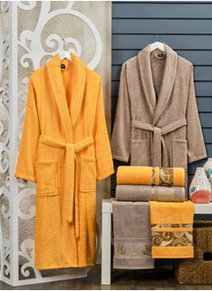 Buy 6-Piece Turkish Terry Cotton Couple/Family Bathrobe Set Bridal Shower Gift Set with Matching Bath Sheets and Hand Towels Orange/Beige in UAE