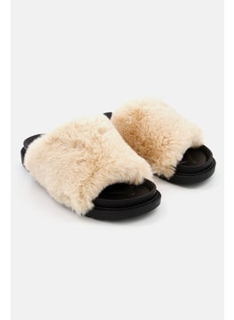 Buy Women Medium Faux Fur Slip On Slippers, Beige in UAE