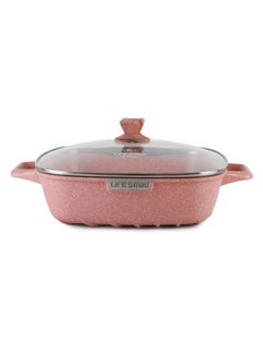 Buy 32cm (6.8 Liter) Square Frying Pan - Aluminum Shallow Pot With Glass Lid Multi Layer Non-Stick Granite Coating in UAE