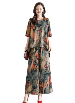 Buy Fashionable Vintage Printed Women's Clothing Loose Short Sleeve Wide Leg Pants Set in UAE