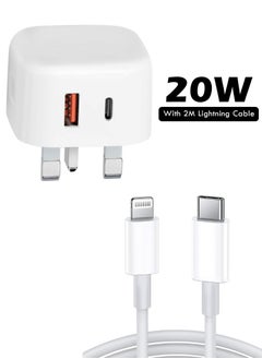 اشتري Fast Charger Plug, 20W USB C Fast Charger with 2M Lightning Cable for iPhone 14 13 12 Pro Max/Mini/Plus,Pad Pro, USBC PD Wall Charging Plug UK Type C Power Adapter and 6FT Cord في الامارات