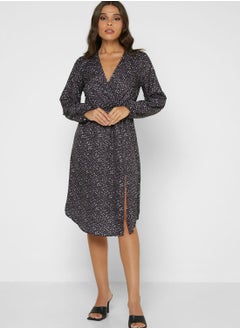 Buy Printed Surplice Neck Long Sleeve Dress in Saudi Arabia