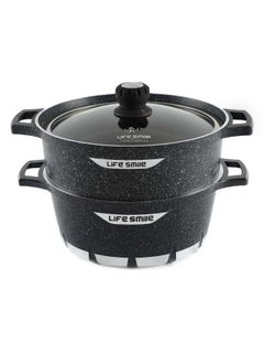 Buy Multipurpose Steamer - Non-stick Couscoussier - 28cm Stock Pot & 28cm Steam Pot with Tempered Glass Lid Black in UAE