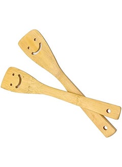 Buy 2-Piece 12-Inch Bamboo Smiley Face Wooden Spoons & Spatula Kitchen Cooking Tools for Nonstick Cookware and Wok in Saudi Arabia