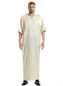 Buy Men's Solid Color Short Sleeve Kandora Islamic Arabic Embroidery Kaftan Robe Light Beige in UAE