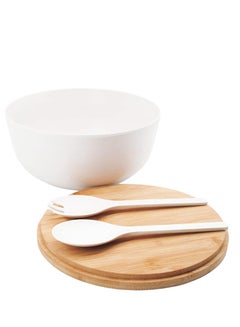 Buy Large Mixing Bowl with Servers Set of 4 – Accessories Kitchen Pantry Ware Multi Purpose,Salad Serveware with Bamboo Lid and Spoon, Bamboo Fiber White Bowl in UAE