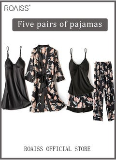 Buy 5-Pack Women's Pajama Set Sling with Chest Pad Nightdress Sweet Sleepwear Home Wearing Clothes Suits Ladies Floral Printing Nightwear Lingerie Robe Underwear Shorts Summer Spring Black in UAE