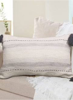 Buy Jute and Cotton 14" X 20" Inches Rectangle Striped Design Pillow with Blue Tassel for Decor Couch Sofa Bedroom Living Room Farmhouse Indoor Outdoor (Grey, Off White) in UAE