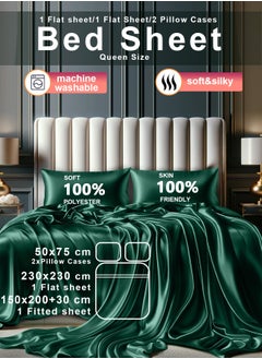 Buy 4 Piece bed sheets Full Bedding Set 1 Flat Sheet 1 Fitted Sheet  2 Pillow Cases (50*75) Silky Satin dark green in Saudi Arabia