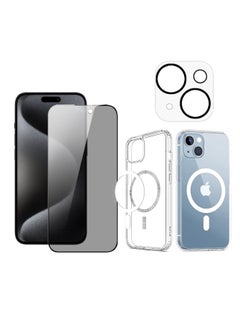 Buy 3 Pack Full Coverage iPhone 15  Case With Camera Lens For iPhone 15 With Privacy Glass Compatible With iPhone 15 6.1 Inch Clear Mag-Safe Case, Camera Lens And Privacy Screen Protector in UAE