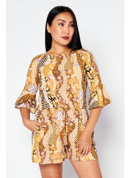 Buy Women Floral Print 3/4 Sleeve Romper, Yellow/Tan Combo in UAE