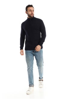 Buy Hips Length Knitted Zipper Closure Navy Blue Sweater in Egypt