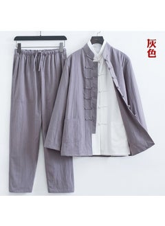 اشتري Mens Cotton Linen Tang Suit Set Chinese Style Tea Attire Grey two-piece jacket pants] في الامارات