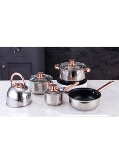 Buy Set of 5 Cookware Set - Stainless Steel Pots, Kettle, Kitchen Utensils Set with Tempered Glass Lid in UAE