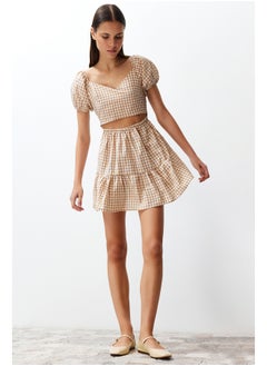 Buy Camel Skater/Waist Opening Window/Cut Out Detailed Checked Super Mini Woven Dress TWOSS22EL00128 in Egypt